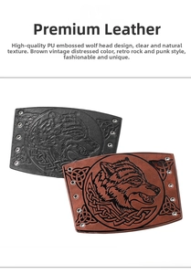 Detailed macro view of embossed wolf head pattern on vintage PU leather wrist guards