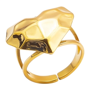 Polished geometric heart ring in gold stainless steel with adjustable open band design