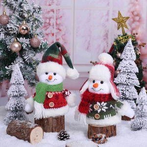 Christmas Snowman Plush Ornaments Knitted Plaid Hat Reindeer Snowflake Patterns Seated Holiday Desktop Decoration