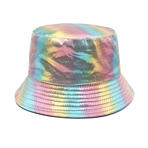Detail showing the iridescent laser metallic texture and rainbow gradient on the bucket hat