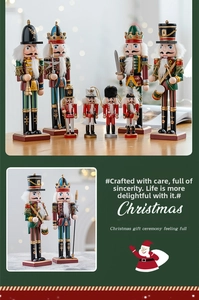 Close-up of wooden nutcracker soldier set featuring guards, drummers, and kings with festive details