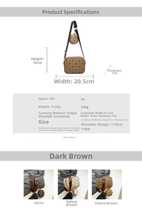 Detailed size chart for minimalist PU leather crossbody bag showing dimensions and weight