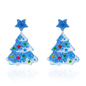 Detail view of acrylic Christmas tree earrings with blue glitter and colorful stars