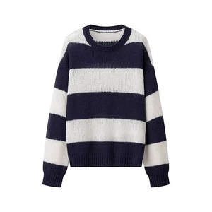 Women's crewneck knit sweater with navy blue and white horizontal stripes in relaxed fit