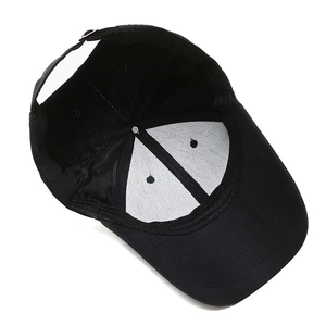 Black baseball cap for older men with six-panel interior structure and adjustable metal strap