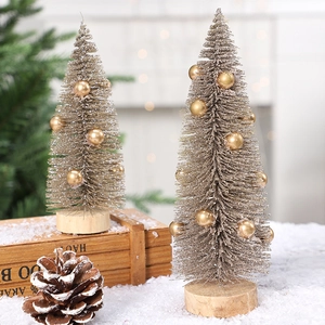 Mini Christmas Tree Desktop Decoration Sisal Wood Base Glitter Gold Silver Ornament Table Centerpiece Holiday Home Decor