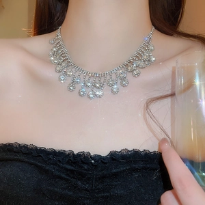 Close-up of sparkling silver zircon flower fringe necklace on model with starburst effect