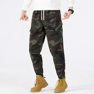 Men's camouflage cargo pants with drawstring waist and tactical side pockets