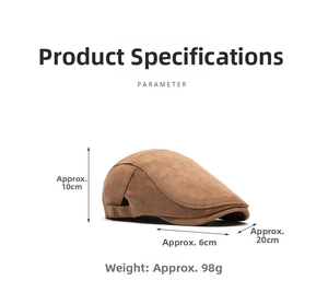 Brown suede flat cap size specifications with detailed height, brim, and length markers