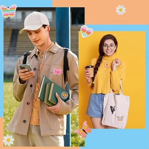 Assorted embroidered patches including butterfly and heart motifs on clothing and bags