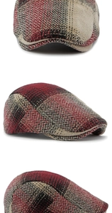 Detailed views of multi-color plaid newsboy cap in red, black and beige tweed fabric