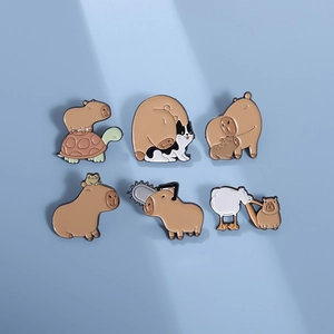 Set of 6 cute cartoon capybara enamel pins featuring animals like pelican and frog