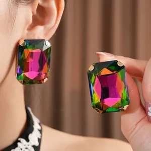 Vintage rectangular crystal earrings with gold plating and iridescent rainbow colors