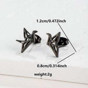 Minimalist black stainless steel origami crane stud earrings with size measurements