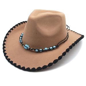 Khaki wool jazz cowboy hat with black whipped edge and turquoise bead band detail