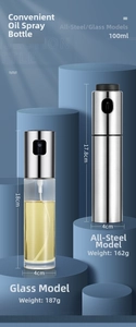 Macro detail of 100ml glass and stainless steel oil sprayer bottles for precise cooking