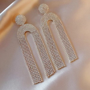 U-Shaped Rhinestone Tassel Earrings With 925 Sterling Silver Earring Post Long Copper Dangle For Women Wedding Party
