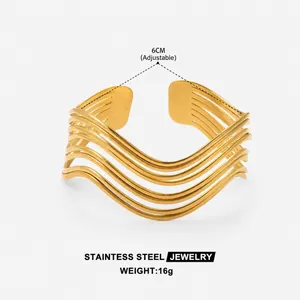 18k gold plated stainless steel cuff bracelet with multi-layer wavy geometric design