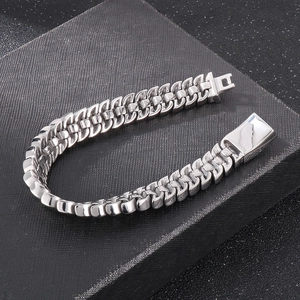 Polished silver dragon scale steel chain bracelet for men with heavy industrial buckle