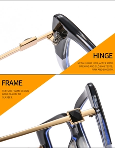 Macro view showing durable gold metal hinges and premium black cat-eye eyeglass frames