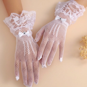 Elegant Lace Fishnet Gloves With Satin Ribbon Bow And Rhinestone Detail Bridal Wedding Formal Party Mesh Accessory For Women