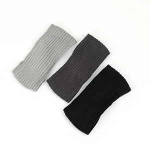 Detailed texture of fleece-lined knitted ear-warmer headbands in black and grey
