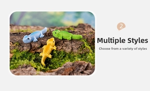 Close-up of colorful resin lizard miniatures on moss and bark for DIY decor