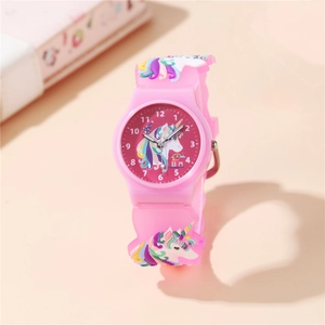 Pink cartoon unicorn quartz watch for children with 3D embossed silicone strap
