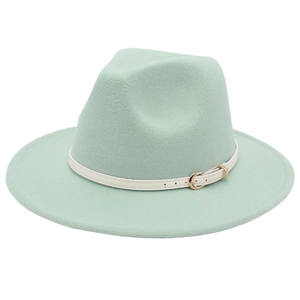 Mint green wide brim fedora hat with white leather band and gold buckle detail
