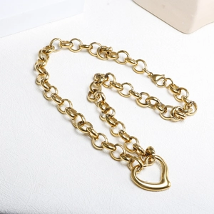 Fashionable gold chunky chain necklace with a large hollow heart pendant for women
