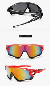 Three-view detail of red and black cycling sunglasses with red polarized mirror lens