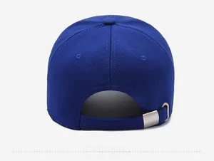 Detail of dark blue baseball cap back view with adjustable metal buckle and mesh fabric