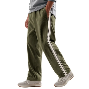 Men's olive green corduroy pants featuring contrast side stripes and casual relaxed fit