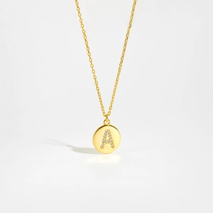 Elegant S925 sterling silver gold coin necklace with a zircon-encrusted letter A pendant
