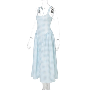 Detail of light blue plaid sundress with thin straps and side waist silhouette