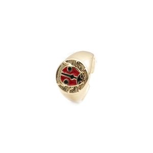 Gold plated signet ring for women featuring a colorful enamel ladybug on round disc