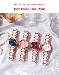 Détail de montres à quartz avec bracelets céramiques et index en cristal en couleurs variées