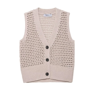Women Hollow Crochet Knitted Vest Vintage V Neck Button Front Sleeveless Sweater Tank Top Casual Loose Knit Cardigan