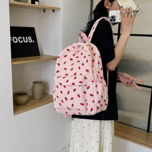 Pink corduroy backpack with cute strawberry print for school and daily casual use