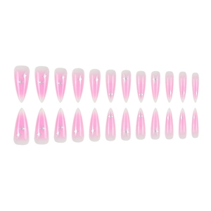 Pink and white gradient almond press-on nails with silver star patterns, 24-piece set