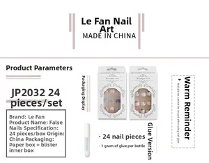 Detail view of 24pcs press-on nails set with floral design and adhesive glue JP2032
