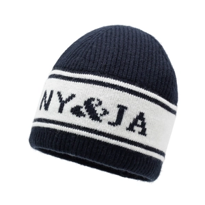 Bonnet en tricot bleu marine classique avec rayure blanche et lettrage NY & JA pour l'hiver