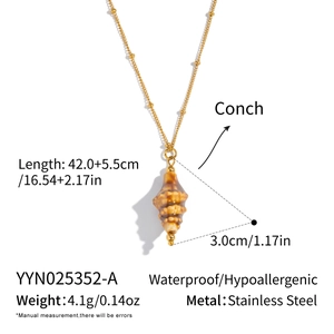Detailed size and specs for gold stainless steel necklace with seashell pendant