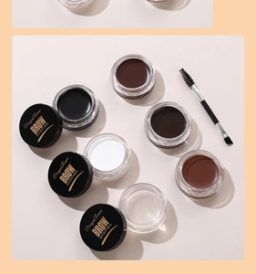 Vue à plat de cires à sourcils en plusieurs teintes avec un pinceau professionnel double embout