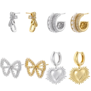Elegant Brass Cubic Zirconia Imitation Artificial Pearl Earrings Bow Heart Knot C Shape Stud Hoop Jewelry For Women