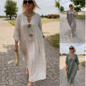 Casual loose cotton linen maxi dress with V-neck and drawstring detail for women