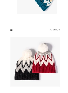 Detail of winter knit beanie showing colorful wavy patterns and soft fluffy pompom decorations