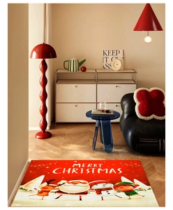 Tapis de Noël rouge avec motifs festifs sur un sol en bois de style moderne