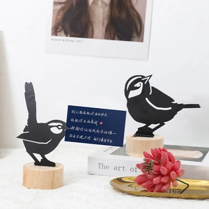 Black hollow bird iron card holder ornaments with wooden base for home decoration