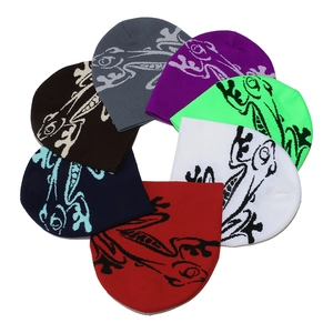 Winter knitted beanie hats collection with vibrant lizard patterns in multiple colors